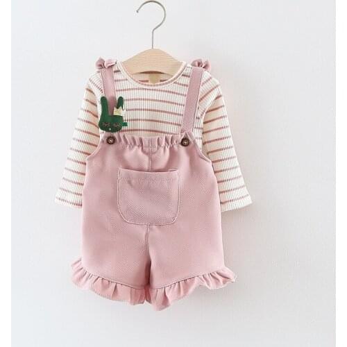 2019 Baby girls new spring sets Kids girls cute long sleeve striped Sweatshirt+ cartoon overall clothing set 1-2 Years
