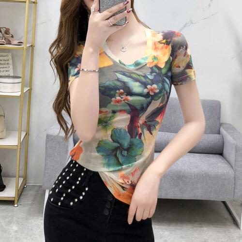 2021 summer new printed mesh short sleeve T-shirt women slim slim slim age reduction foreign style ins tide top