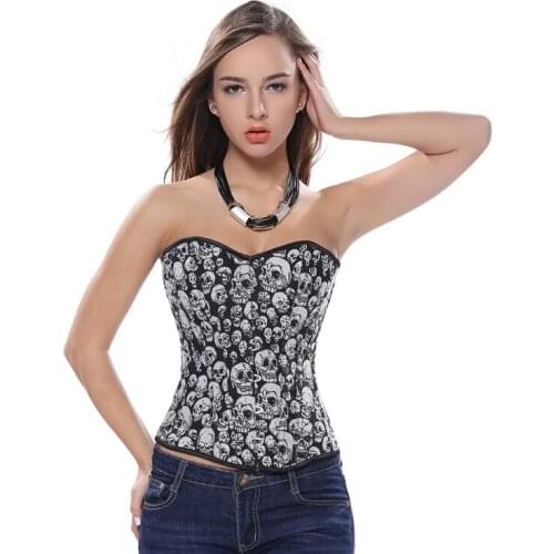 Sexy Skull Print Overbust Corset Women Waist Trainer Body Shaper Bustier Top Black Waist Slimming Clothes Plus Size S-6XL