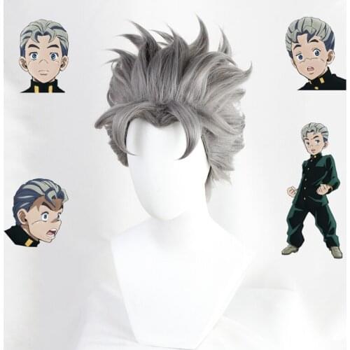 JOJOs Bizarre Adventure Koichi Hirose Cosplay Wig Gray Short Heat Resistant Synthetic Hair Carnival Halloween Party + Free Wig
