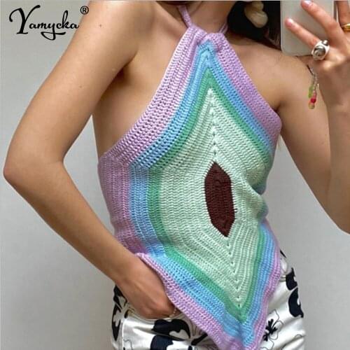 Sexy green Halter vintage knitted summer crop top women Casual beach party club Backless ladies tops 2021 Bandage corset blouses