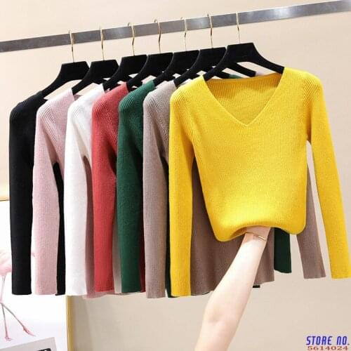 Women Autumn Winter Sweater New Slim Fit V-neck Knit Long Sleeve Leisure Pullover Jumper Yellow Top Knitted Sweaters Tops