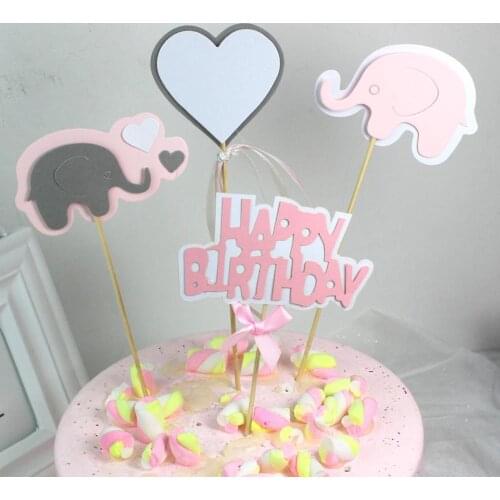 Elephant Love Heart Star Cake Topper For Birthday Lovely Cake Flag Baby Shower For Girls Diy Party Cake Decorations Accessories