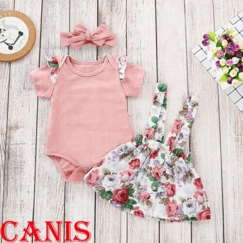 UK STOCK Toddler Baby Girl Summer Pink Tops Romper Floral Skirt Outfits Clothes