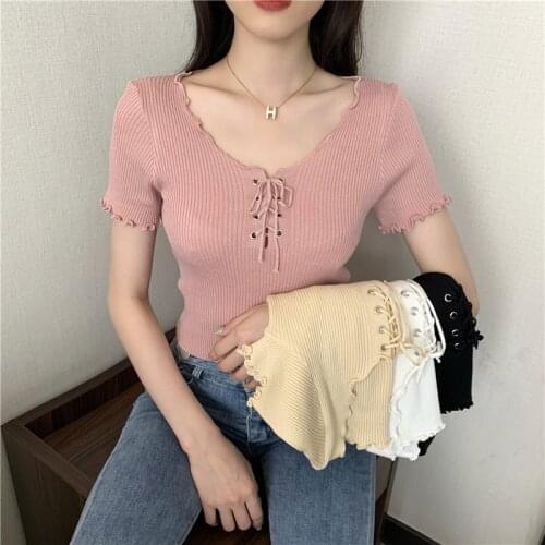 Womens T-shirt 2021 Summer Short-sleeved Tie V-neck Thin Korean Version of All-match Short Knit Short-sleeved Top Womens Top
