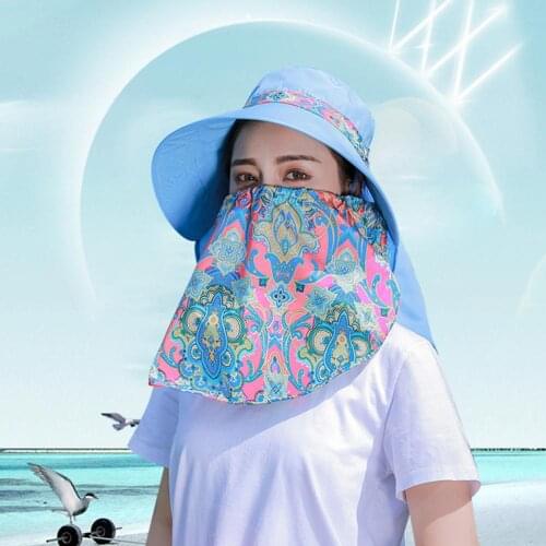 Women Summer Fashion Anti-UV Floral Print Sunhat Wide Brim Neck Face Cover Cap