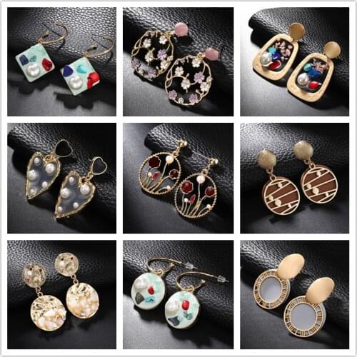 Classical Statement Jewelry 2019 Pearl Brincos Resin Earrings For Women Round Geometric Crystal Flower Korean Heart Earrings