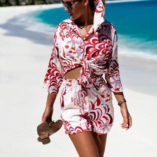 Bohemian Print Two Piece Set Women Button Up Shirt Silk Blouse ans Short Outfits Summer Beach Style Vacation Clothes