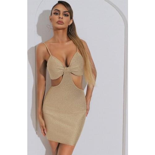 Womens Mini Bandage Dress Autumn 2021 New Spaghtti Strap Sexy Hollow Out Evening Party Club Bodycon Clothes