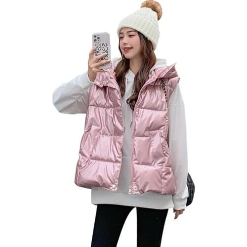 Shinny Winter Parkas Vest Women Solid Hooded Zipper Ladies Sleeveless Jacket Loose Korean Style Cotton Waistcoat e139