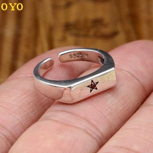 100%S925 sterling silver Thai silver jewelry simple glossy five-pointed star inlaid zircon personality opening mans ring