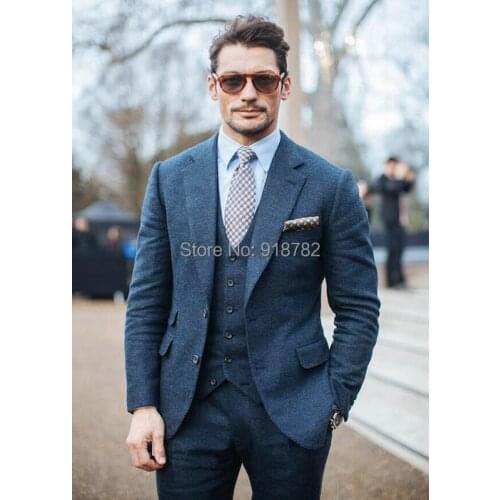 2017 Elegant New Blue And Green Groom Tuxedos Wool Men Suits Groomsmen Men Wedding /Party/Prom Business Suits(jacket+Pants+vest)