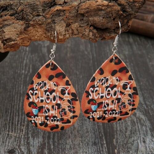 2021 Wholesale New Leopard Print Drop-shaped Leather Earrings Female Back To School Letter Pu Leather Earrings