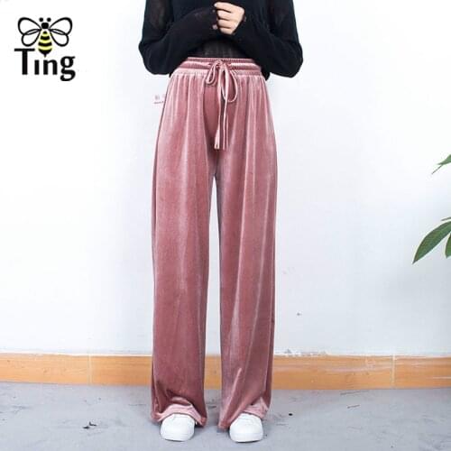 Tingfly Winter Autumn Elastic Waist Velvet Pants Fashion Casual Wide Leg Pants Velvet Trousers Streetwear Bottoms 4 Colors