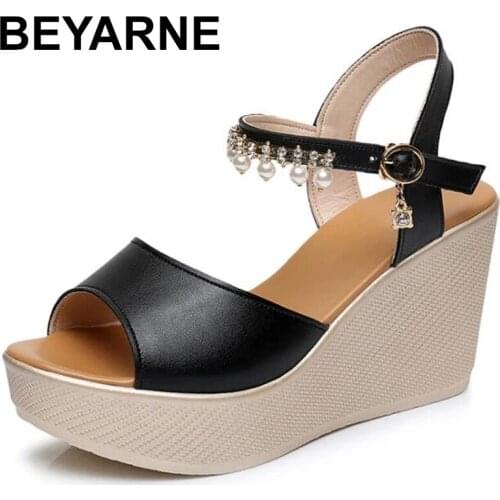 BEYARNEBig Size Wedding Shoes Womens Sandals 2021New Summer Shoes Ankle Pearl Platform Sandals Women Elegant Black White Sandal