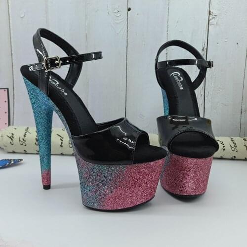 Leecabe colorful glitter platform style high heel sandals 17cm/7inches sexy model shoes pole dance shoes