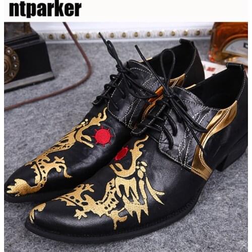Ntparker Personalized Men Shoes Fashion Designer Pointed Toe Embroidery Man Leather Shoes For Party Stage Show 38-46