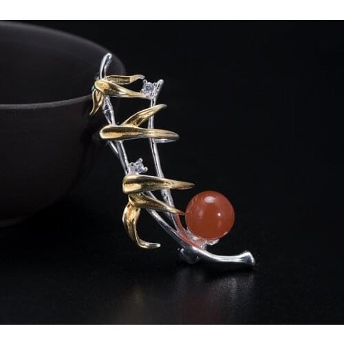 925 Sterling Silver Pins Agate Bamboo Brooches For Women Accessories Gold Plated Brooch High Quality broche Luxury Jewelry