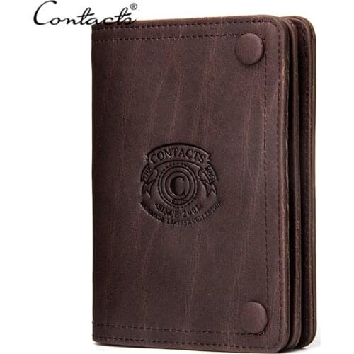 CONTACTS Men Wallets Brand Design Crazy Horse Genuine Leather Male Short Wallet Hasp Mans Purse With Coin Pockets Card Holders