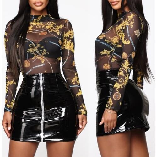 Women Clothes Mesh Sheer See Through Print Shirt Blouses Outwear Turtleneck Long Sleeve Tops Transparent Slim Club Blouse