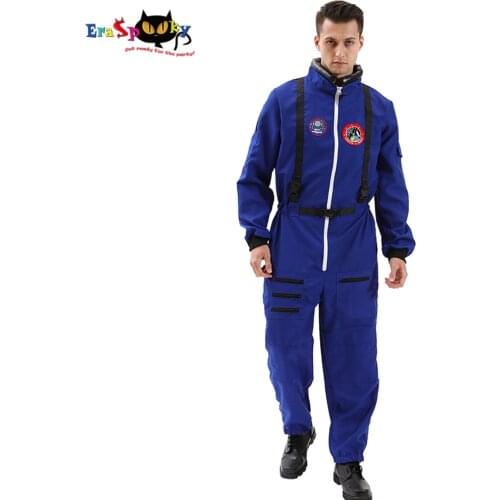 Eraspooky 2021 Blue Astronaut Costume For Adult Men Spaceman Jumpsuit Cosplay Pilots Overall Uniform Halloweeen Carnival Outfit