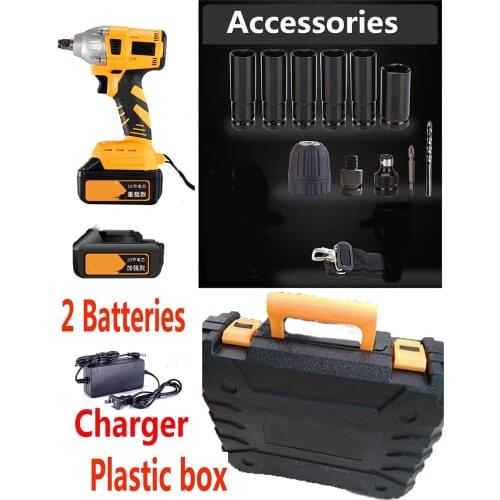 AC 100-240V 90800mah Electric Wrench 450Nm Lithium-Ion Cordless Impact Brushless Wrench 2 Batteries 1 Charger Power Tool