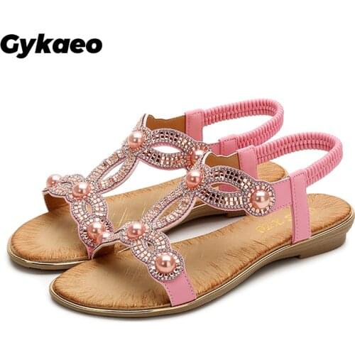 Gykaeo Casual Fashion Flat Bottomed Gladiator Sandals Women Shoes Bohemia Style Rhinestone Flat Heel Open Toe Platform Sandals