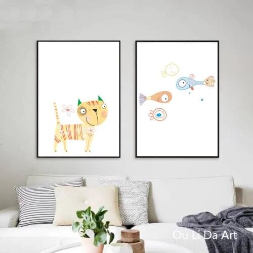 No frame modern cartoon yellow cat fish canvas printings oil painting printed on canvas Kid room wall art decoration picture