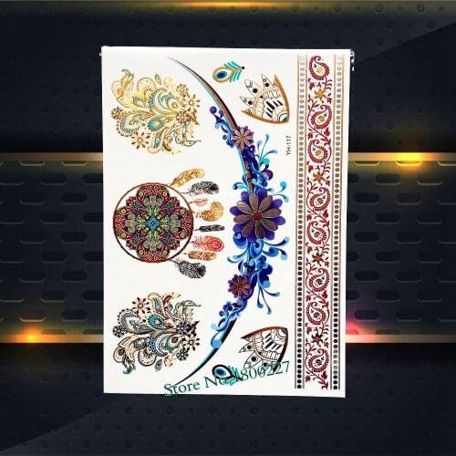 Beauty Body Back Art Gold Metallic Tattoo Dreamcatcher Feather Flower Arm Decal Waterproof Henna Temporary Tattoo Sticker PYH117