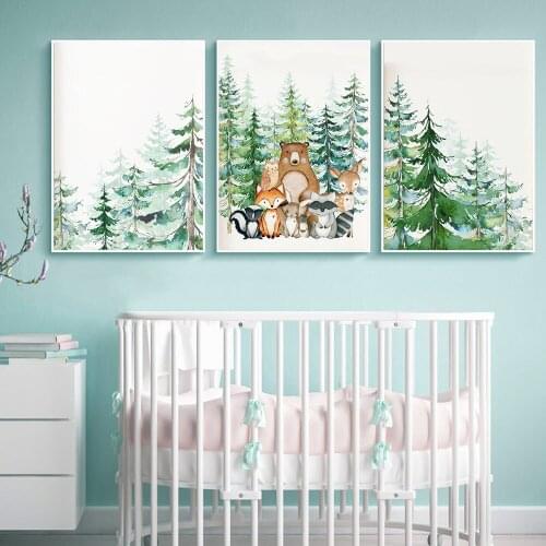 Forest Animal Poster Nursery Wall Art Canvas Painting Nordic Cartoon Fox Deer Bear Scenery PIctures Childs Room Home Decoration