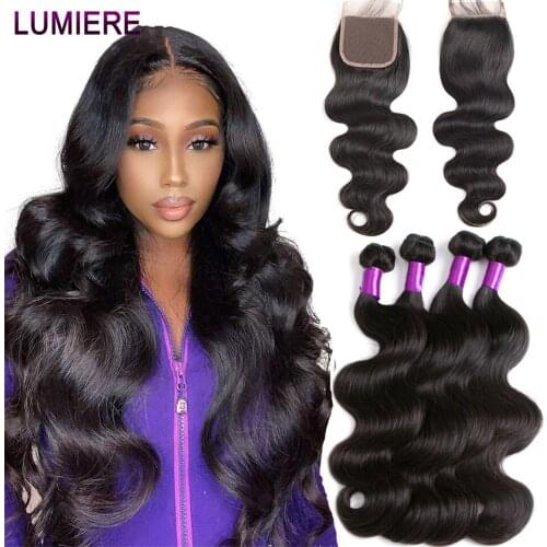 Lumiere 30 32 38 Inches Brazilian Hair for women 3/4 Body Weave Bundles With Frontal 100% Remy Human Hair Bundle With Closure
