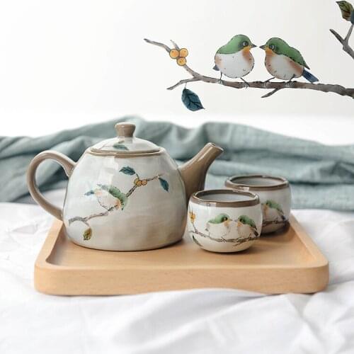 Japanese style cute embroidered bird tea set creative kung fu teapot cup set thick pottery underglaze color
