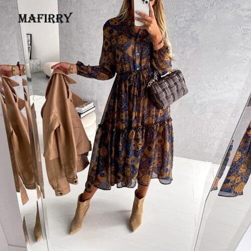V Neck Bandage Print Casual Elastic Waist Dress Women Autumn Lantern Sleeve Ruffles Dress Female Oversized S-XXXL Holiday Dress