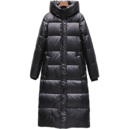 Warm down jacket womens over-the-knee black disposable bright face slimming winter womens clothing 90% White duck down