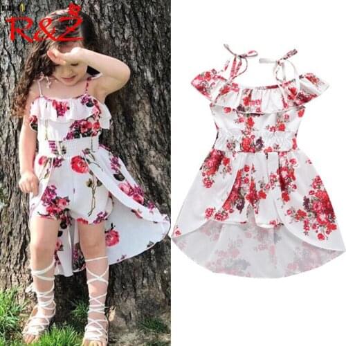 R&Z childrens dress 2019 summer ins new medium and small childrens print flower dress ruffled word collar strap dress