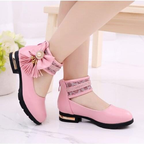 Pink White Black Childrens Big Girls Princess Leather Shoes For Kids High Heeled Ankle Strap Party Wedding Dress Shoes