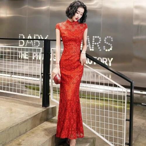 Chinese Bride Wedding Evening Party Cheongsam Women Red Mermaid Party Gown Lace Embroidery Elegant Qipao Long Robe Vestidos