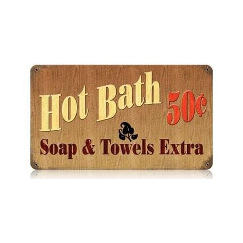 Vintage Metal Tin Sign Hot Bath 50 Fifty Cents Soap And Towels Extra Washroom Outdoor Yard Signs & Home Bar Restaurant