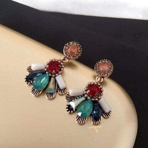 Vintage Coloured Crystal Flower Earrings Women Boho Ethnic Drop Earring Pendientes Statement Earrings