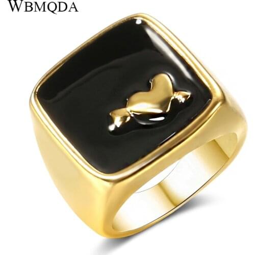 Wbmqda Fashion Black Enamel Ring For Women Dubai Gold Color Boho Beach Party Heart Big Ring Punk Jewelry Gift