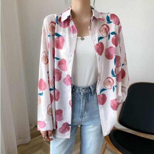 Vogue ladies peach print shirts casual loose Womens chiffon Blouses New Spring Summer Long Sleeve Shirts Tops Blusas Mujer