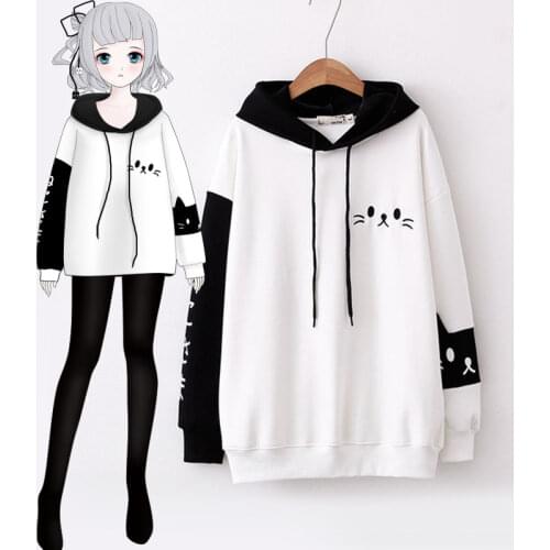 Cute Mori girl Cartoon Letter Cat Embroidery Patchwork Hoodie Winter Fall Pullover Long Sleeve Sweatshirt Womens Black & White