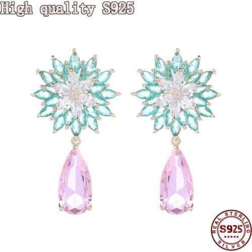 Advanced Purple Zircon Micro Inlaid Retro Fashion Temperament Water Drop S925 Silver Needle Atmospheric Flowers Womens Earrings