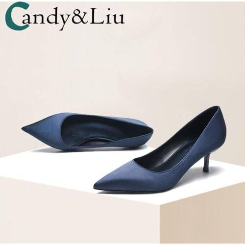 Womens Shoes 2021 Spring New Product Sexy Royal Blue 5cm Silk Satin Pointed Thin Heel Medium Heel High Heel Shoes Single Shoe