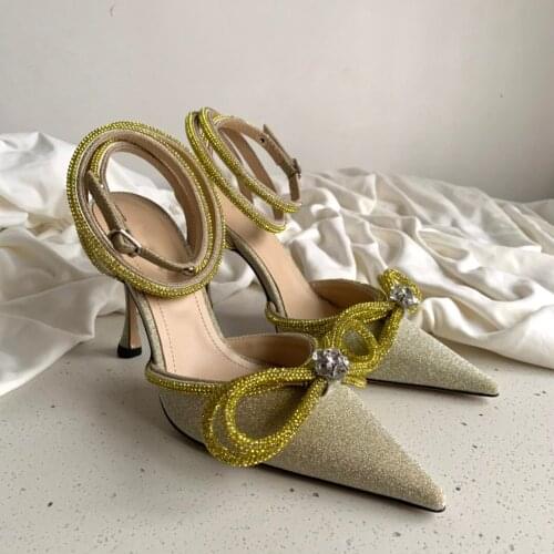 Double bow with full crystal-embellished rhinestone heels women Italy luxury brand top quality princess crystal thin pumps 9.5cm