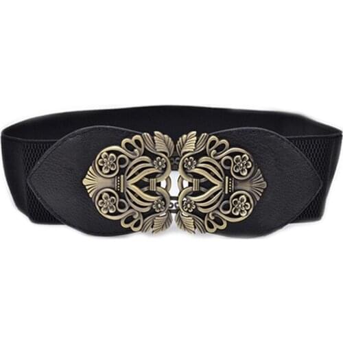 Womens Retro Flower Elastic Stretch Buckle Wide Waist Belt Waistband (Black)