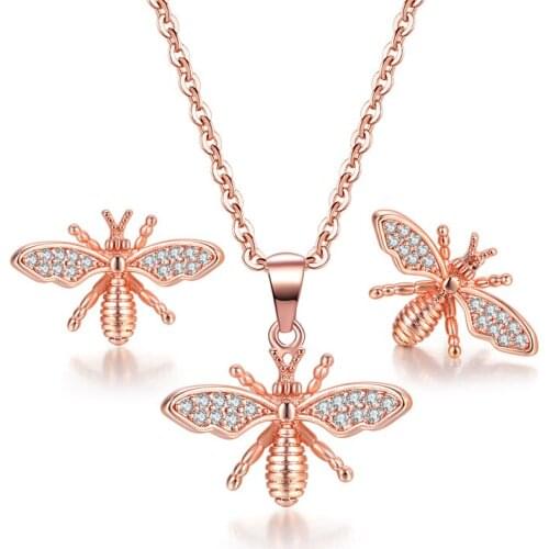 Double Fair Bee Style Jewelry Sets For Women Insects Rose Gold Color Necklace Earring Party Gift Fashion Jewrlry S510
