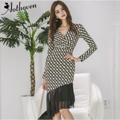 2019 Spring Asymmetrical Dress Women Print V-neck Full Sleeve Ruffles Vintage Casual Dress Sexy Party Bandage Bodycon Dresses