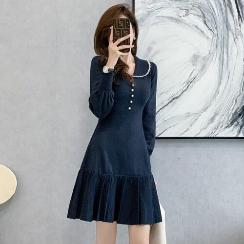 316 Autumn Winter 2021 Knitted Dresses Women Elegant Doll Collar Long Sleeves Patchwork Ruffle Basic A-Line Short Dress Female