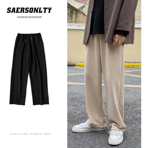 Autumn Winter Sweater Pants Mens Fashion Retro Casual Knitted Pleated Pants Men Streetwear Loose Straight Wide leg Pants Mens